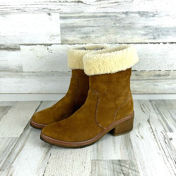 Coach womens 9.5 Patsy Chestnut Suede Fleece Heel Pull On Winter Cozy Ankle Boot
